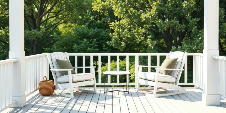 Comfortable deck chair with cushions on a white outdoor setting providing a relaxing spot for nature observation, leisure activities, , garden seat
