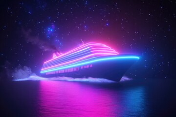 Obraz premium conceptual image of cruise ship glowing with vibrant neon lights sailing through starry galaxy