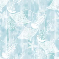 Seamless vector pattern with stingrays, jellyfish, starfish and sea urchins on blue watercolor background. Sea stylish background.  Perfect for wallpaper, wrapping, fabric, print and textile. 