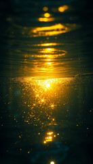 Abstraction with water. Golden shine of water at night. Vertical arrangement