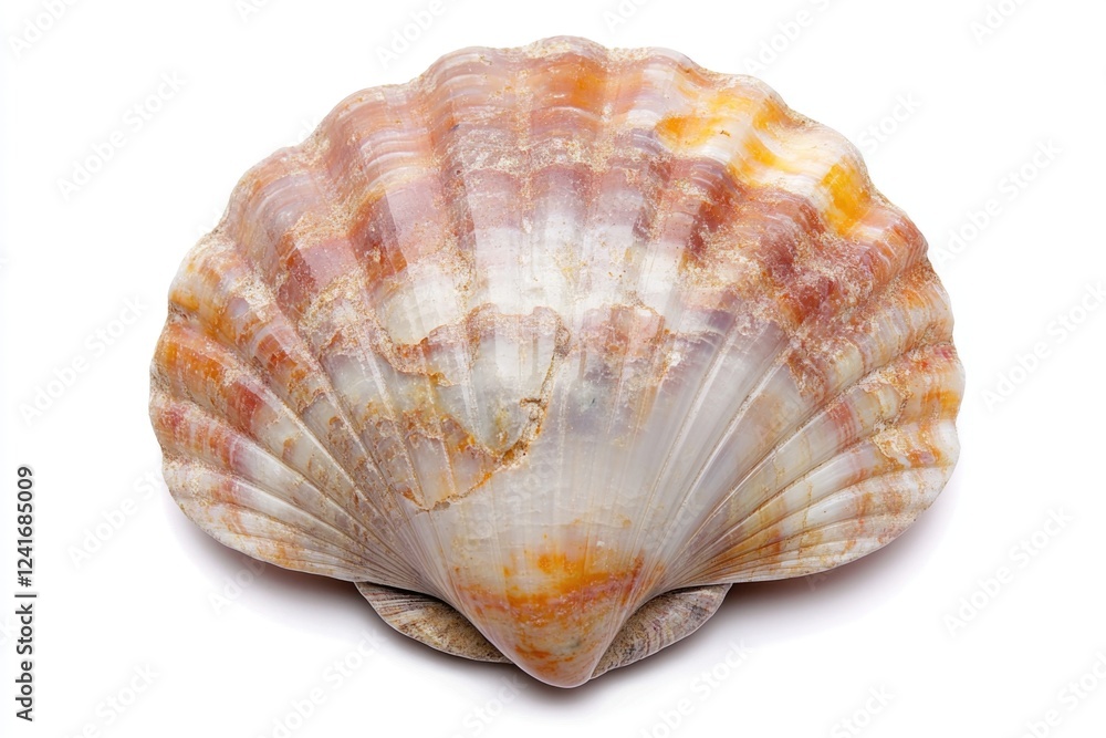 Poster a detailed view of a shell on a white surface, ideal for use in still life compositions or as a deco