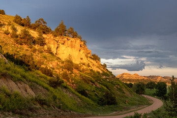 Badland formations in days last light in Powder River County, Montana, USA.