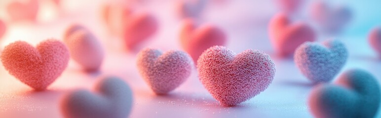 Obraz premium Soft pastel gradient background with scattered fluffy hearts and a glowing center, designed for Saint Valentines Day and 8 March International Womens Day