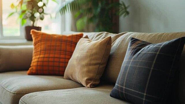 Cozy Living Room Interior with Beige Sectional Sofa and Plaid Throw Pillows