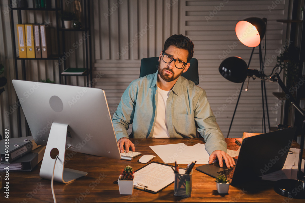 Aufkleber man working on a desk using computer and laptop in modern office environment