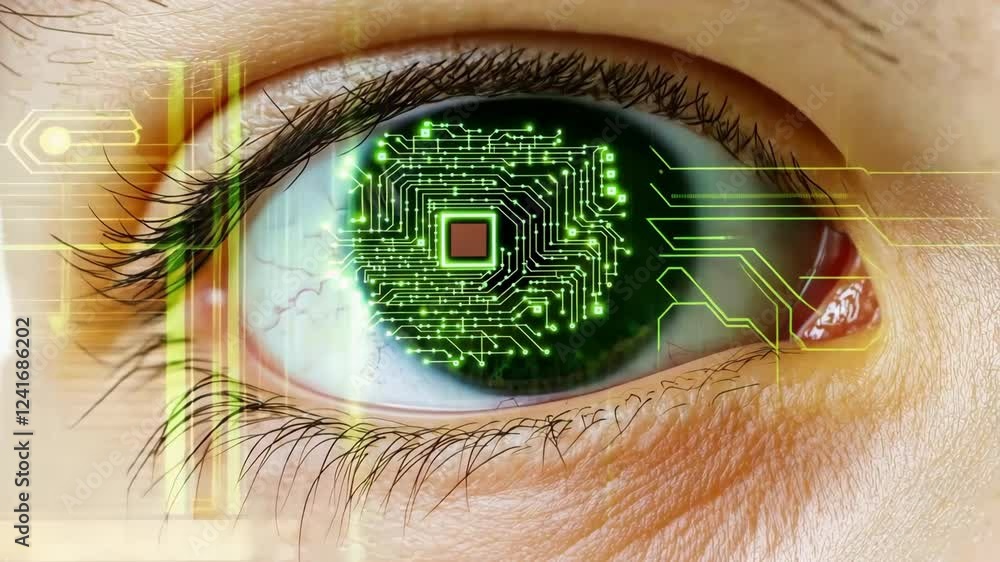 Poster close up of human eye with digital circuit overlay futuristic vision and technology integration in g