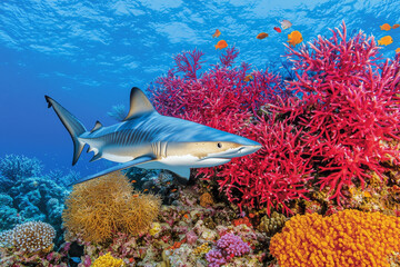 Fototapeta premium Shark swimming over vibrant coral reef.