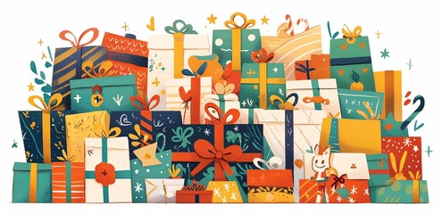 Naklejka premium stacked birthday gifts with colorful ribbons, ideal for children's birthday cards or festive posters.