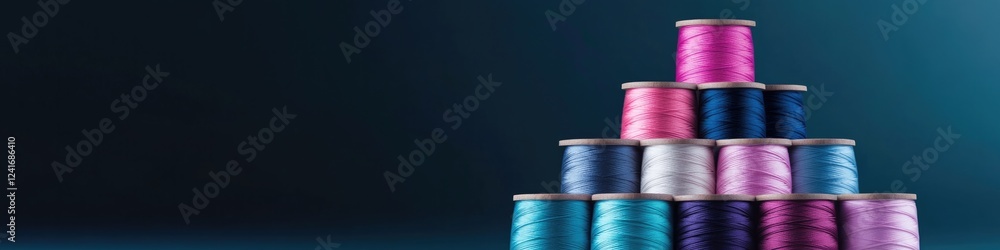 Aufkleber conceptual shot of colorful spools of thread forming pyramid shape illuminated by diffused ambient l