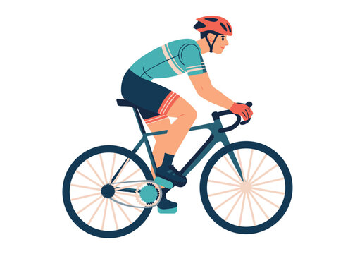 Bicyclist. A man in a tracksuit and helmet rides a bicycle. Flat color vector illustration