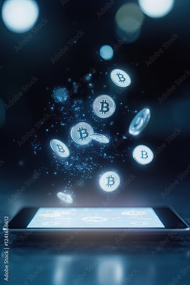 Poster conceptual shot of digital currency symbols floating around glowing tablet screen captured in dark e