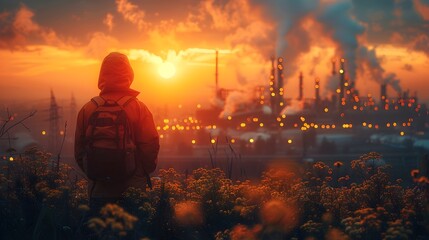 Fototapeta premium Dramatic Sunset Over Sprawling Industrial Cityscape with Factories and Smokestacks