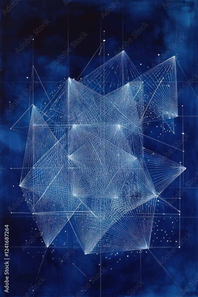 Poster abstract geometric structure with star-like patterns on a dark blue cloudy background for science & 