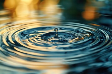 A close-up view of a single water drop on the surface of a pond