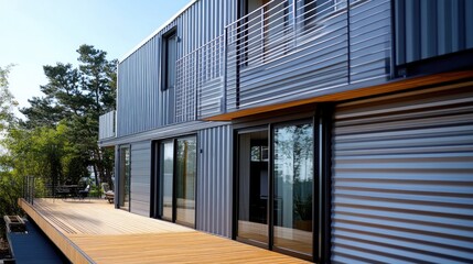 A wooden deck outside a modern house, perfect for outdoor living and relaxation