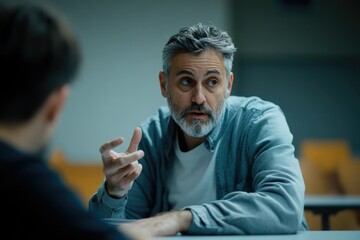 A middle-aged man passionately explains a concept to a colleague, engaging in a lively discussion.