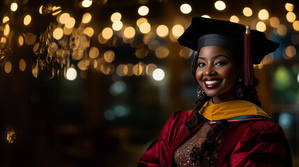 Obraz premium Beautiful Black Woman Graduating in 2025, Smiling in Cap and Gown
