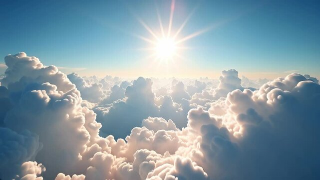 Aerial shot flying above beautiful white puffy clouds in a clear blue sky