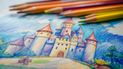 A wonderful children's drawing in colored pencil of a fairy-tale castle with a knight and a unicorn.