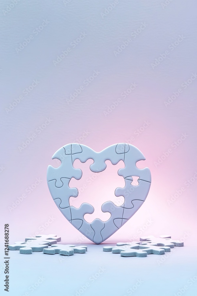 Poster creative composition featuring puzzle pieces forming heart shape on gradient background illuminated 