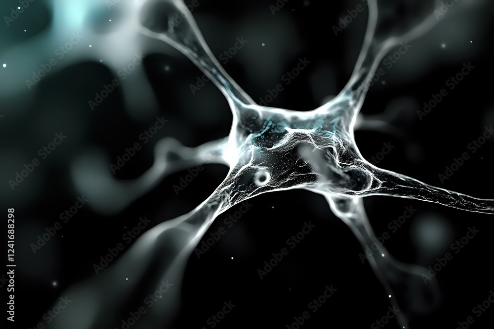 Poster microscopic view of neural network connection with synaptic transmission in dark background showing 