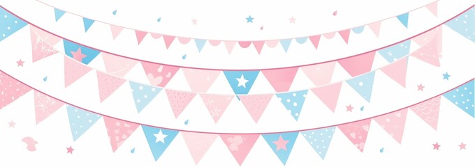 A pink and light blue banner with bunting, set against a white background 