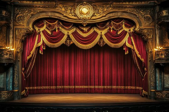 ornate theater stage with luxurious crimson velvet curtains golden tassels and antique footlights casting a warm glow intricate baroque details adorn the proscenium arch.