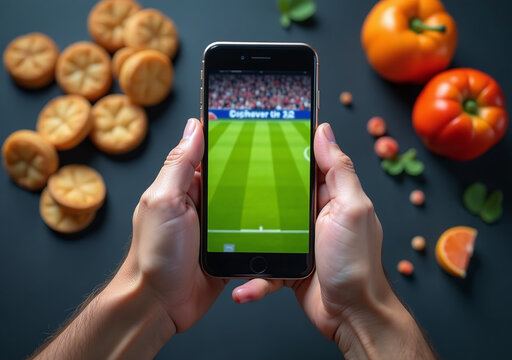 hands holding smartphone mock snacks watching sports game top