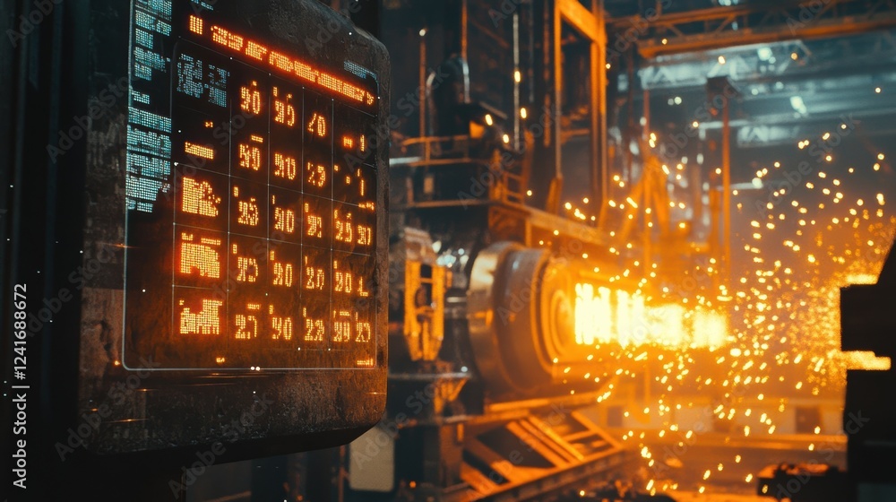Poster sparks flying during an innovative manufacturing process controlled by a digital display showing rea