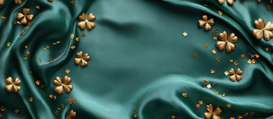 Ultra-modern mockup background with space for text for Saint Patricks Day, decorated with a smooth green silk texture, scattered gold clovers, and subtle sparkles