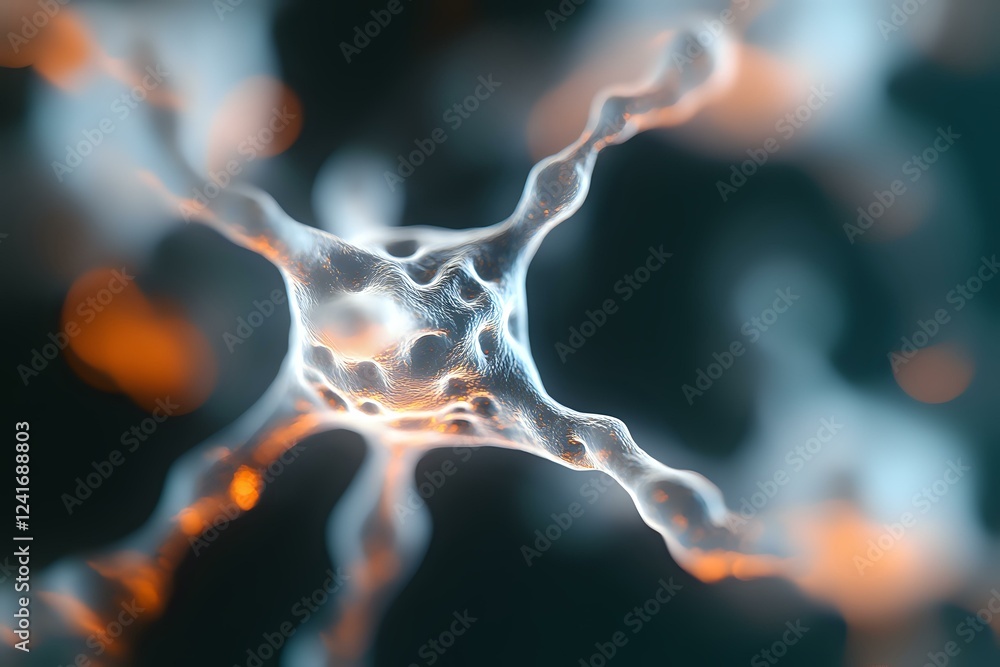 Poster glowing neuron cell with synaptic connections on dark background, orange and blue tones illustrate n