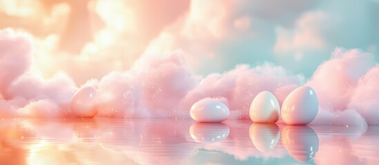Ultra-modern mockup background with space for text for Easter, featuring soft clouds, floating pastel eggs, and gentle golden light reflections, modern and elegant