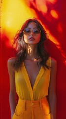 Young woman poses against vibrant colored wall during sunset in urban setting