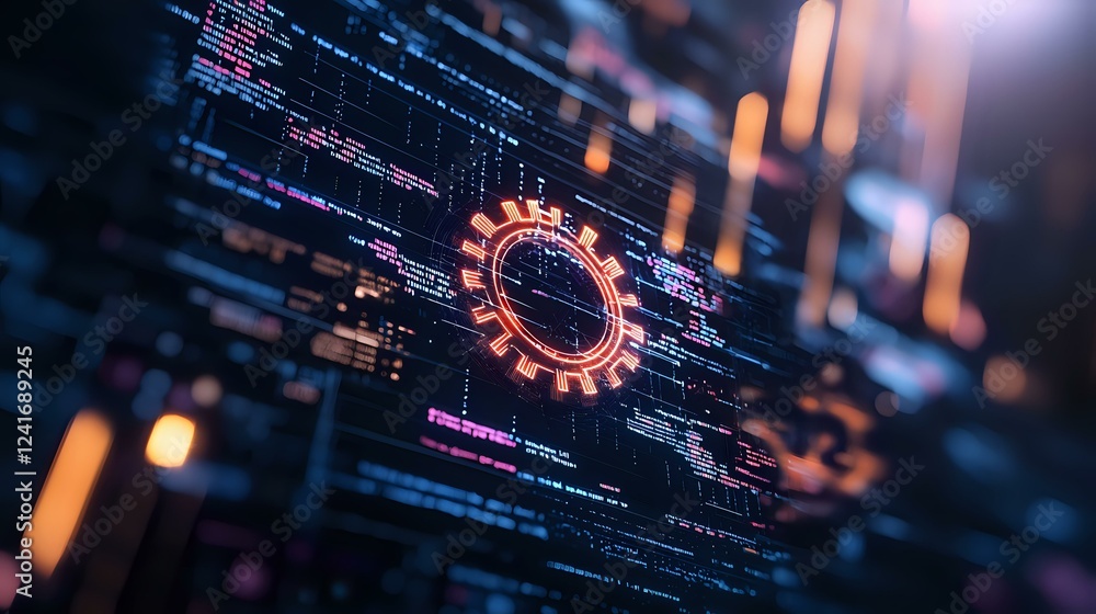 Poster digital technology concept with glowing gear wheel and programming code on dark background with oran