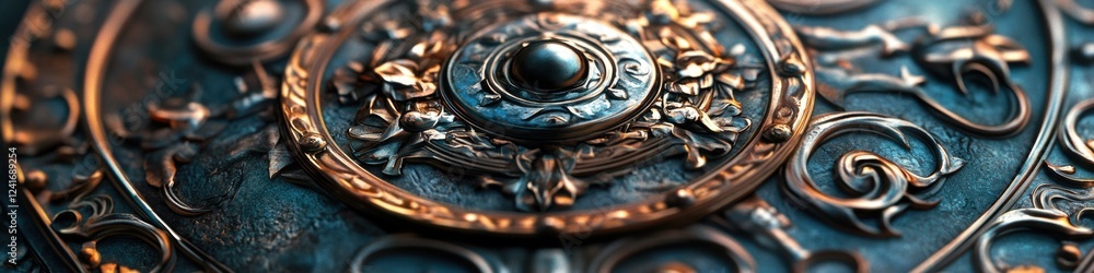 Poster a close-up shot of a metal object on a table, ideal for use in editorial or commercial contexts