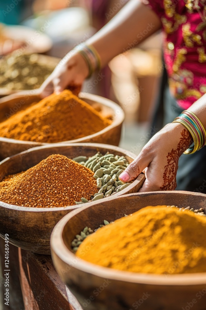 Poster various spices displayed on a table