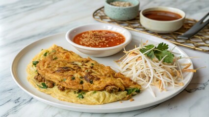 Crispy fried mussels omelette on a marble table with steamed bean sprouts and a side of spicy sauce for added flavor, spicy sauce, plate, close-up, appetizer, crispy fried mussels omelette
