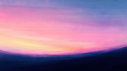  A painting depicts a pink and blue sky with a plane in the foreground against a blue background