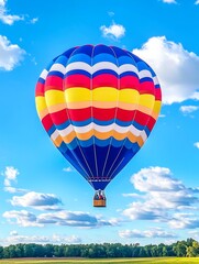 Obraz premium Colorful Hot Air Balloon Ascending - Vibrant hot air balloon soaring against a bright blue sky with fluffy white clouds, above a tranquil green landscape.