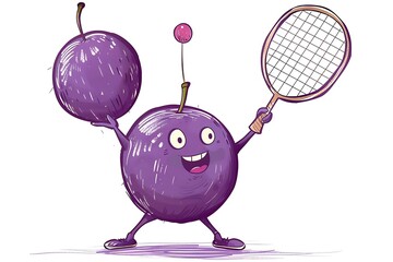Cartoon plum playing badminton, reaching up to hit the shuttlecock.