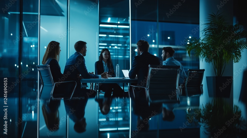 Poster in a sleek office environment, six professionals engage in a dynamic discussion, surrounded by glass