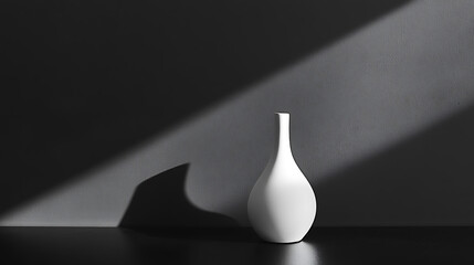 Minimalistic black and white composition featuring a white ceramic vase on a glossy black surface.