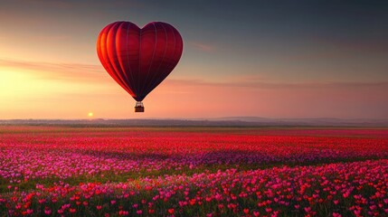 Fototapeta premium A hot air balloon in the shape of a red heart soaring over fields of blooming pink and red flowers