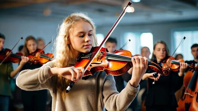 A violin class for secondary school students held indoors, where participants are engaged in learning and practicing their instrument together