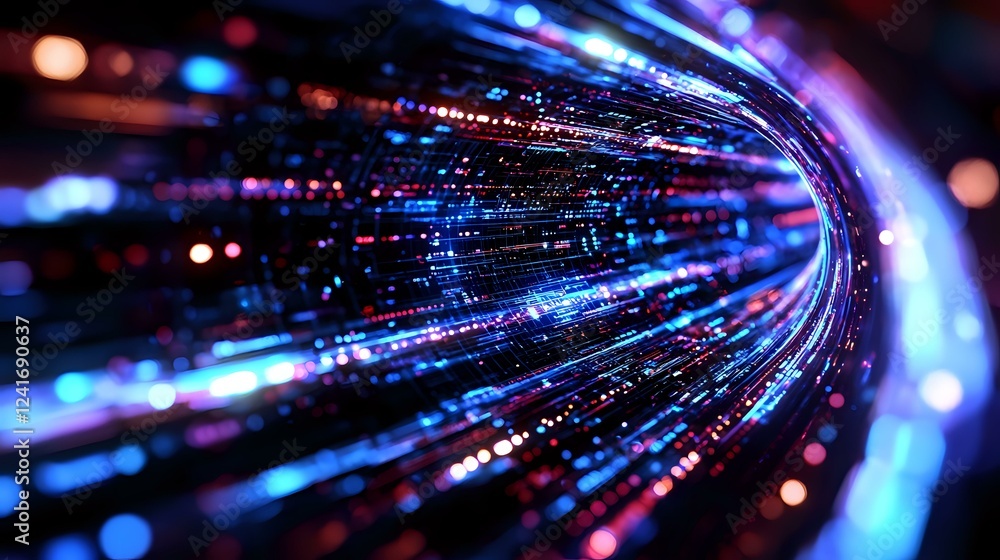 Poster abstract digital light trails creating dynamic motion effect with blue and purple streaks against da