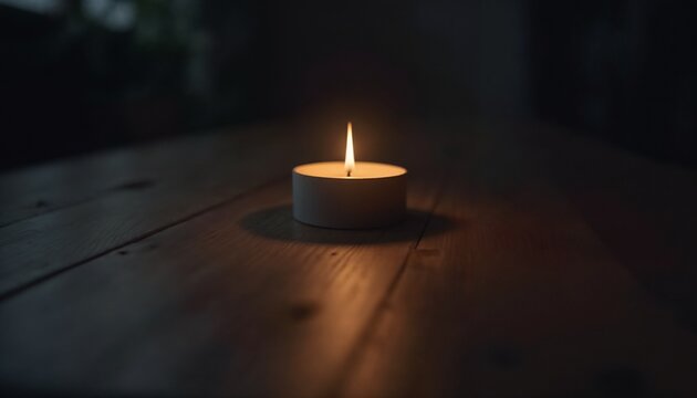 A single lit candle placed on a dark wooden table, with its soft warm light illuminating the surrounding darkness, clean and peaceful composition