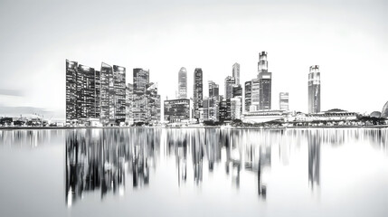 Fototapeta premium Panoramic view illuminated skyline at dusk. Urban cityscape with tall buildings and waterfront, Concept of Singapore 