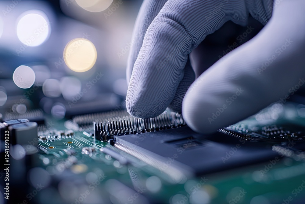 Poster detailed macro shot of gloved hand adjusting pins on cpu socket
