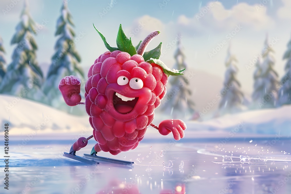 Poster cartoon raspberry ice skating on a frozen pond with a joyful expression.