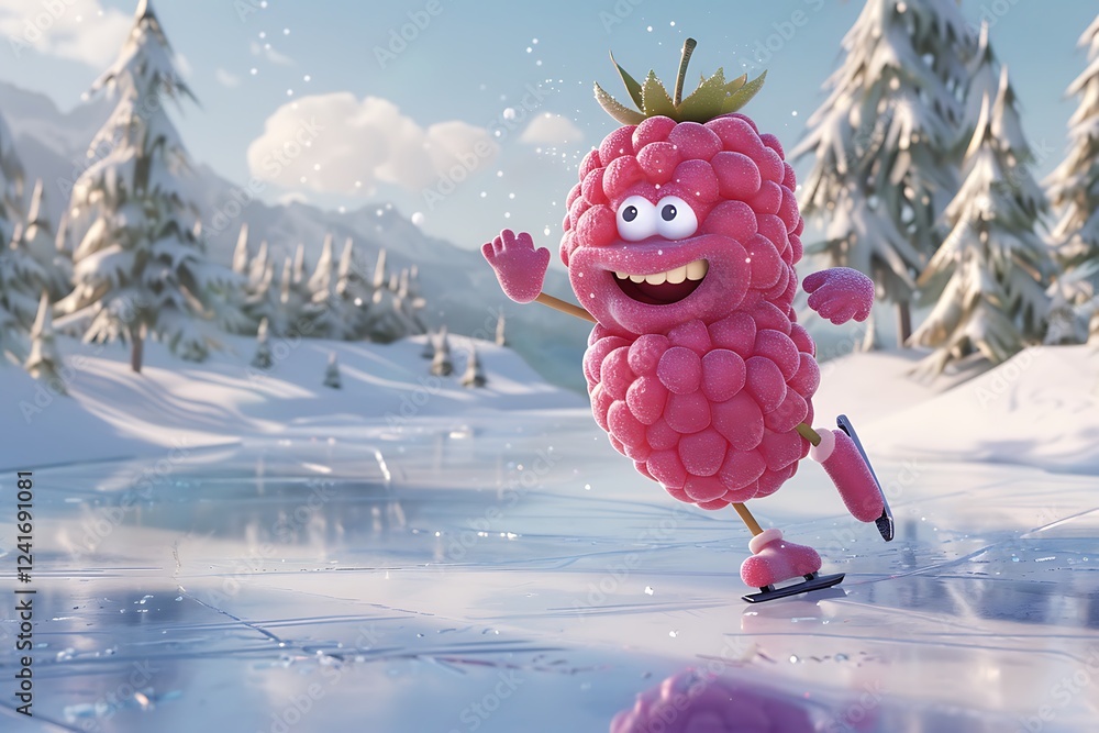 Poster cartoon raspberry ice skating on a frozen pond with a joyful expression.
